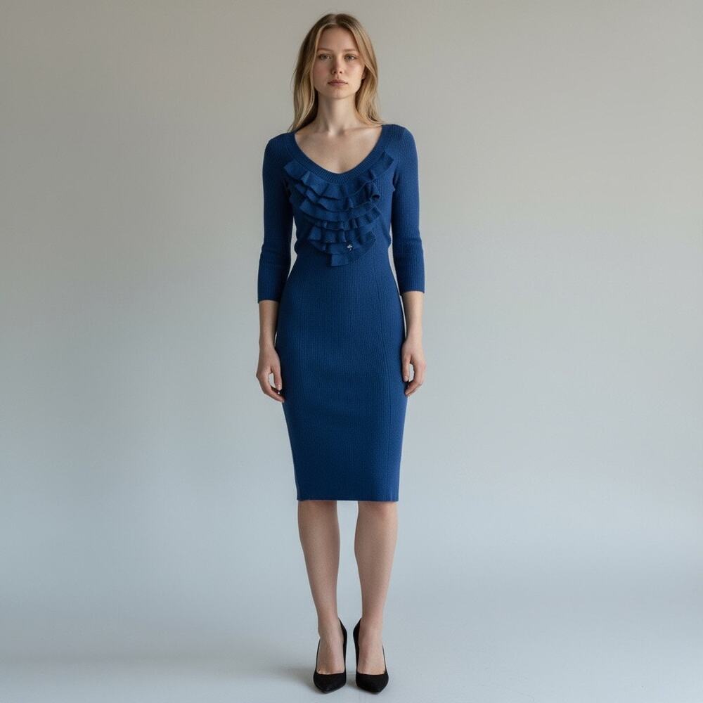 RED Valentino Blue Ruffle Front Bodycon Sheath Dress Women's Small Feminine